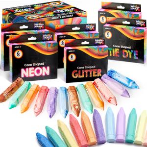 JOYIN 36 PCS Washable Sidewalk Chalks Set in 6 Packs, 18 Colors, Including 12 Tie Dye, 12 Glitter & 12 Neon Color Outdoor Chalks for Painting, Drawing, Gifts for Kids