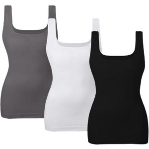EUYZOU Women's Tummy Control Shapewear Tank Tops Seamless Square Neck Compression Tops Slimming Body Shaper Camisole (Large, Black/White/Grey 3pk)