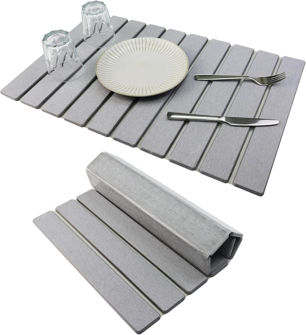 Large Stone Drying Mat for Kitchen Counter Diatomaceous Earth Collapsible 24L*16WSuper Heat Resistant Mats, Quick Absorbent Dish Drying RackLight Gray