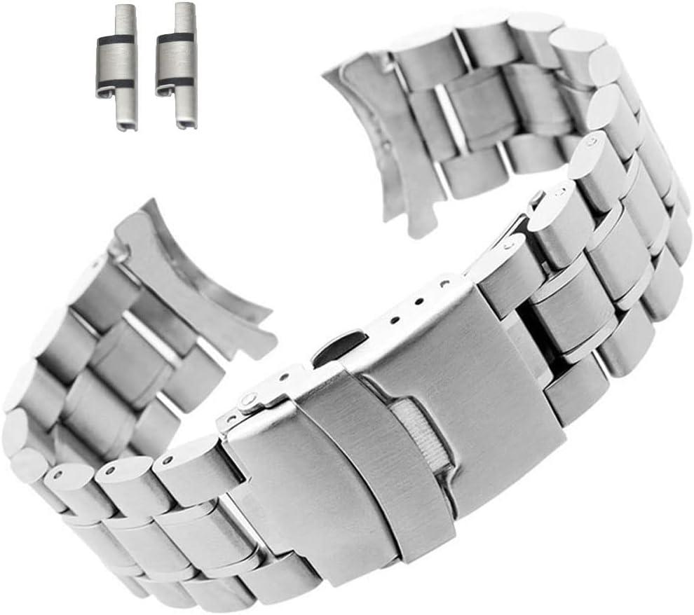Curved End Replacement Watch Band 18mm 20mm 22mm 24mm Stainless Steel Watchband Double Lock Buckle Wrist Belt Watch Strap SB5ZWT (Silver)