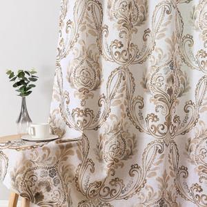 H.VERSAILTEX Farmhouse Floral Curtains for Living Room 84 Inch Length 2 Panles Set Summer Privacy Light Filtering Sheer Curtains Linen Style Drapes, Damask Printed Curtain, Taupe