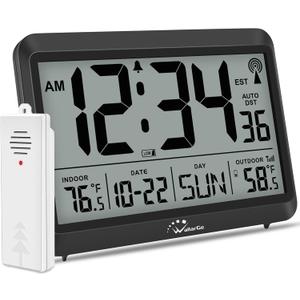 WallarGe Atomic Clock with Indoor Outdoor Temperature - 8.5'' Digital Clock Battery Operated, Self-Setting, 4 Time Zones, DST (Carbon Black)