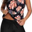 Aqua Eve Two Piece Women's Tankini Swimsuits Blouson Swim Tank Top with Shorts Modest Bathing Suits (Large, Black Floral)