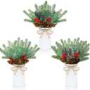 Christmas Table Centerpiece Set of 3 - Artificial Pine Branches Tabletop Decorations Small Christmas Faux Greenery Stems Snowy Arrangements with Cones Berries for Farmhouse Winter Home Decor