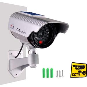 ISEEUSEE Dummy Fake Security Camera, Solar Powered Fake Surveillance Camera with Flash LED Dummy Bullet Simulated CCTV Camera,Indoor Outdoor Use Good for Home/Office/Shop/Garage - Silver Color