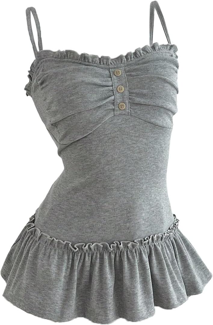 Milumia Women's Y2k Ruched Ruffle Trim Cami Tops Spaghetti Strap Fitted Going Out Tops (Gray, M)