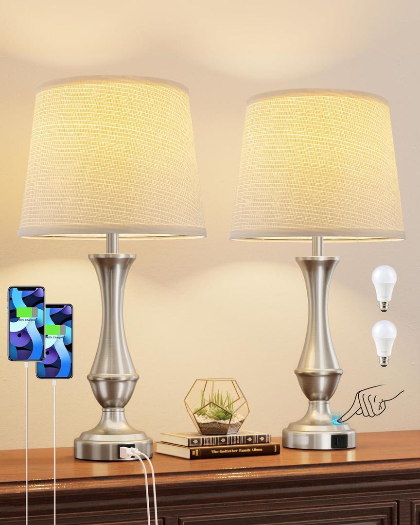Seealle Upgraded Touch Lamps for Night Stands Set of 2 - Bedside Lamps with USB C+A, 3 Way Dimmable for Bedroom Living Room End Tables Office (Weaving White&Silver)