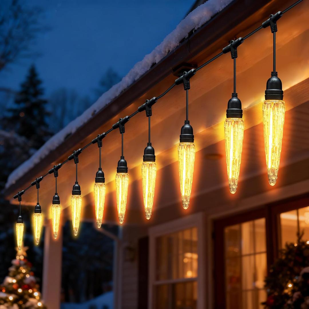 Icicle Christmas Lights Outdoor, 20.5FT LED Meteor Shower Warm White Icicle Lights with 10 Shimmer Crystal Drops, Plug in Waterproof IP44 Christmas Light for Eaves, Garden, Porch, Holiday Decoration