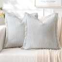 MIULEE Pack of 2 Light Blue Pillow Covers 18x18 Inch Striped Farmhouse Couch Spring Throw Pillow Covers with Fringe Chic Cotton Decorative Cushion Covers for Sofa Living Room Bed Outdoor Home Decor