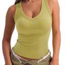 SUUKSESS Women Cotton Ribbed Summer Loose Fit Casual Tops Padded Sleeveless Trendy Tank Tops Basic V Neck Top (Olive Green,Large) (XL)