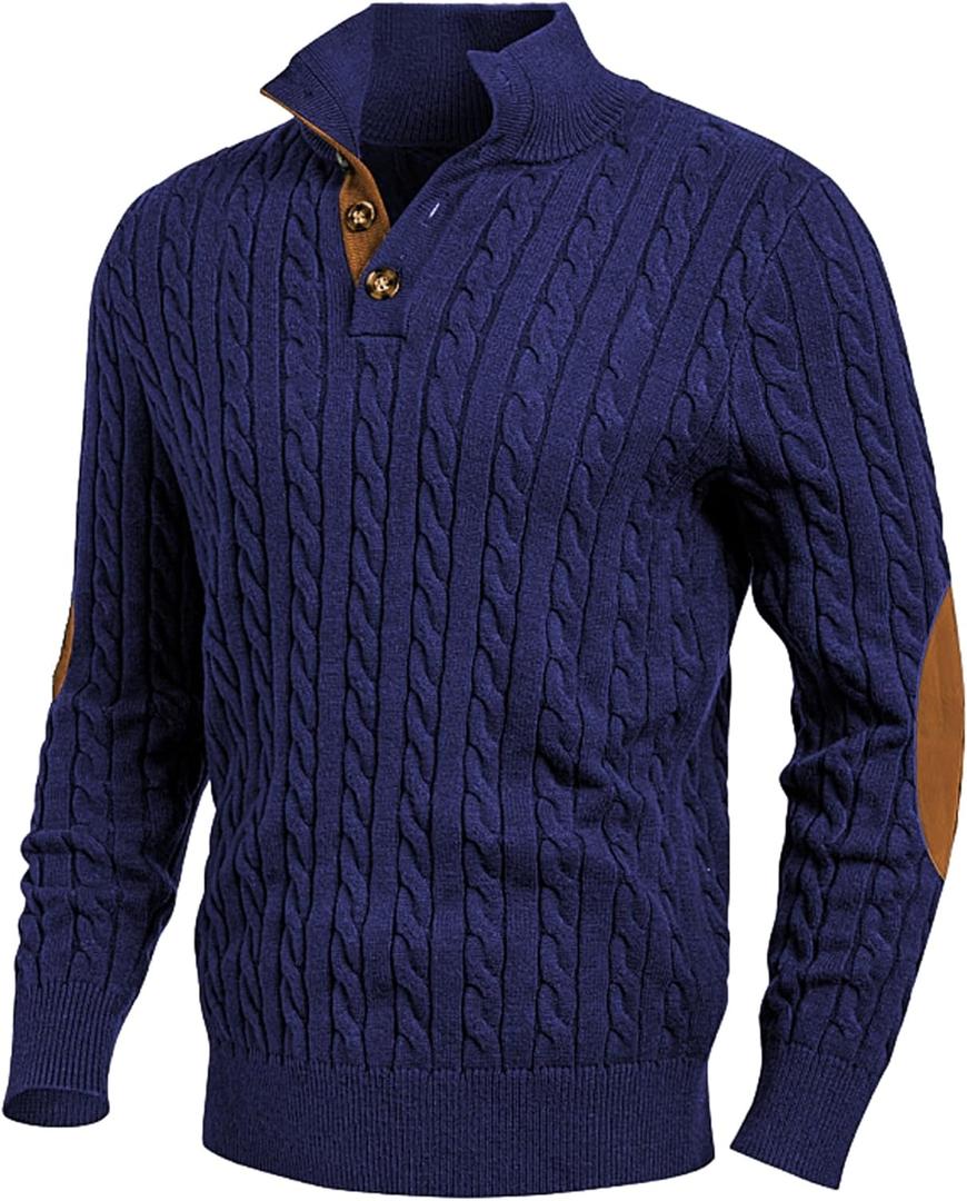 JMIERR Men's Cable Knit Pullover Sweater Casual Long Sleeve Stand Collar Button Knitted Sweaters (Navy Blue)