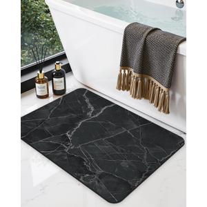 DEXI Bath Mat 16x24, Non Slip Quick Dry Rugs, Super Absorbent Ultra Thin Marble Bathmat, Washable Rubber Mats for Shower Floor, in Front of Bathtub, Sink, Bathroom Accessories Decor, Black