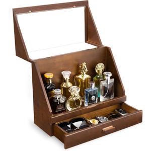 Cologne Organizer for Men, Wood Cologne Stand with Drawer, Large Capacity Cologne Shelf with Cologne Holder Display Large Storage Size15.6 * 11.8 * 6.1in
