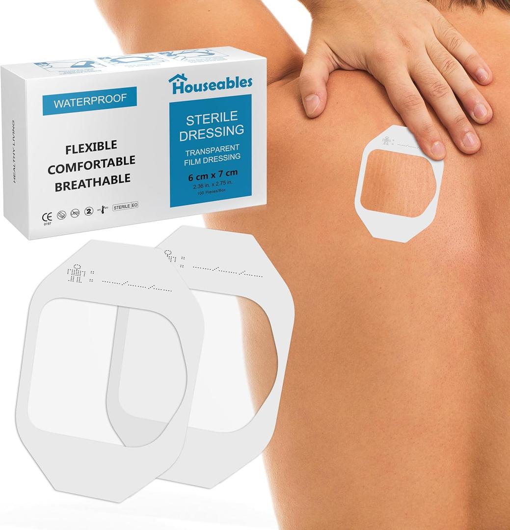 Houseables Waterproof Bandages, Transparent Film Dressing, Waterproof Bandages Post Surgical, for Wound Cover, Showering, Patches for Skin, Swimming, Tattoo, Medical, IV, Clear, 2 3/8 x2 3/4, 100 Pack