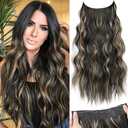 KooKaStyle Invisible Wire Hair Extensions with Transparent Headband Adjustable Size 4 Secure Clips Long Wavy Secret Wire Hairpiece 20 Inch for Women(Black with Blonde Highlights)