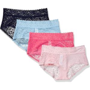 Amazon Essentials Women's Comfortable Lace Stretch Hipster Underwear, Pack of 4 (Medium, Blue/Pink)