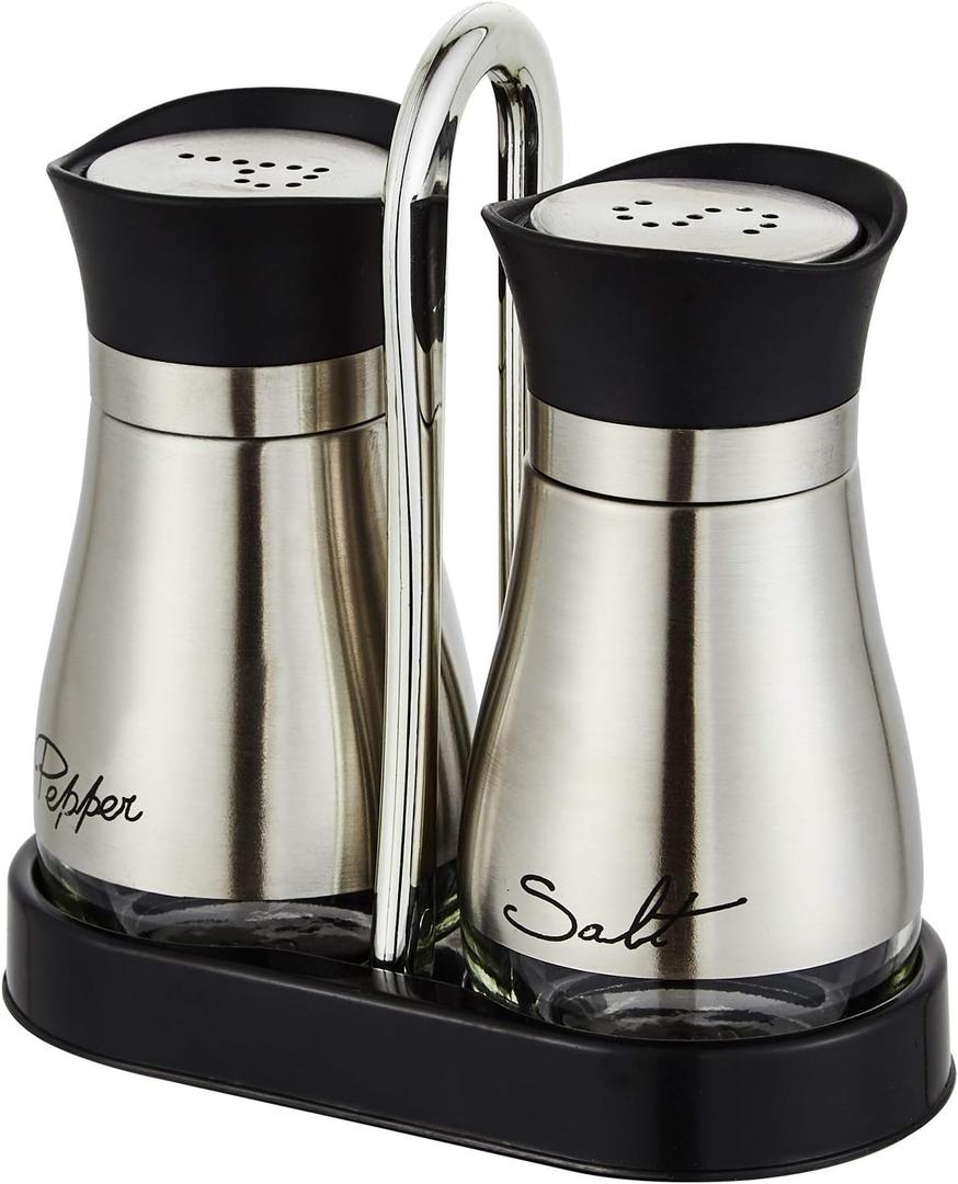 Lonffery Salt And Pepper Shakers Set, Stainless Steel Salt Containers With Glass Bottle For Table, RV, Camp, BBQ, Set Of 2 (Black)