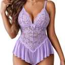 Avidlove Teddy Lingerie for Women Lace Bodysuit One Piece Babydoll Mesh Chemise V Neck Sleepwear (Medium, Lilac)