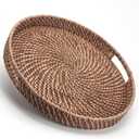 Round Rattan Woven Serving Tray with Handles Ottoman Tray for Breakfast, Drinks, Snack for Coffee Table, Home Decorative (16.9 inch, Honey Brown)