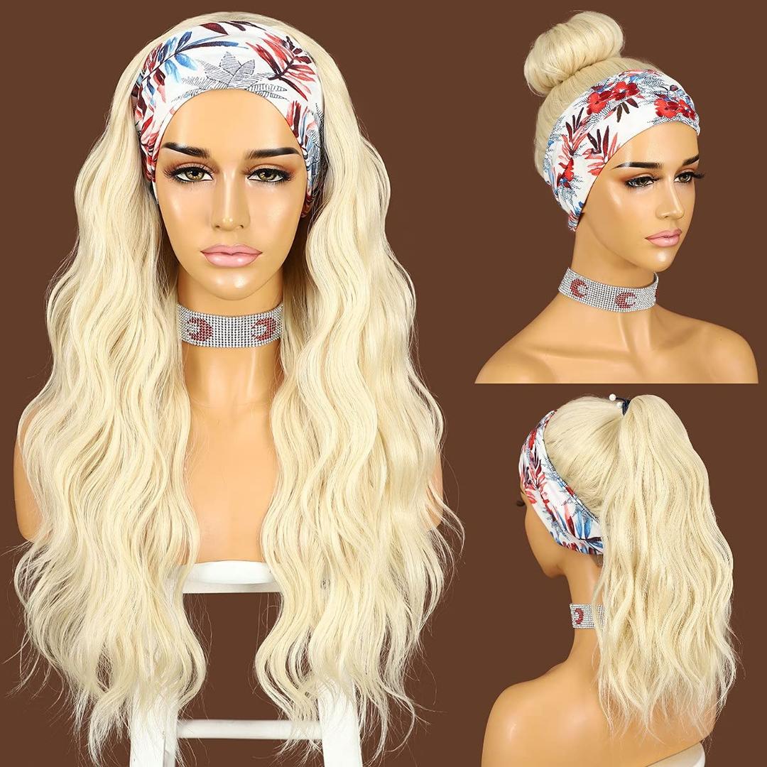 SAPPHIREWIGS Blonde Body Wave Headband Wigs Glueless Synthetic Headband Wigs for Black Women Long Curly Half Wig 150% Density #613 Blonde Wigs for Daily Party Wear 26 Inch