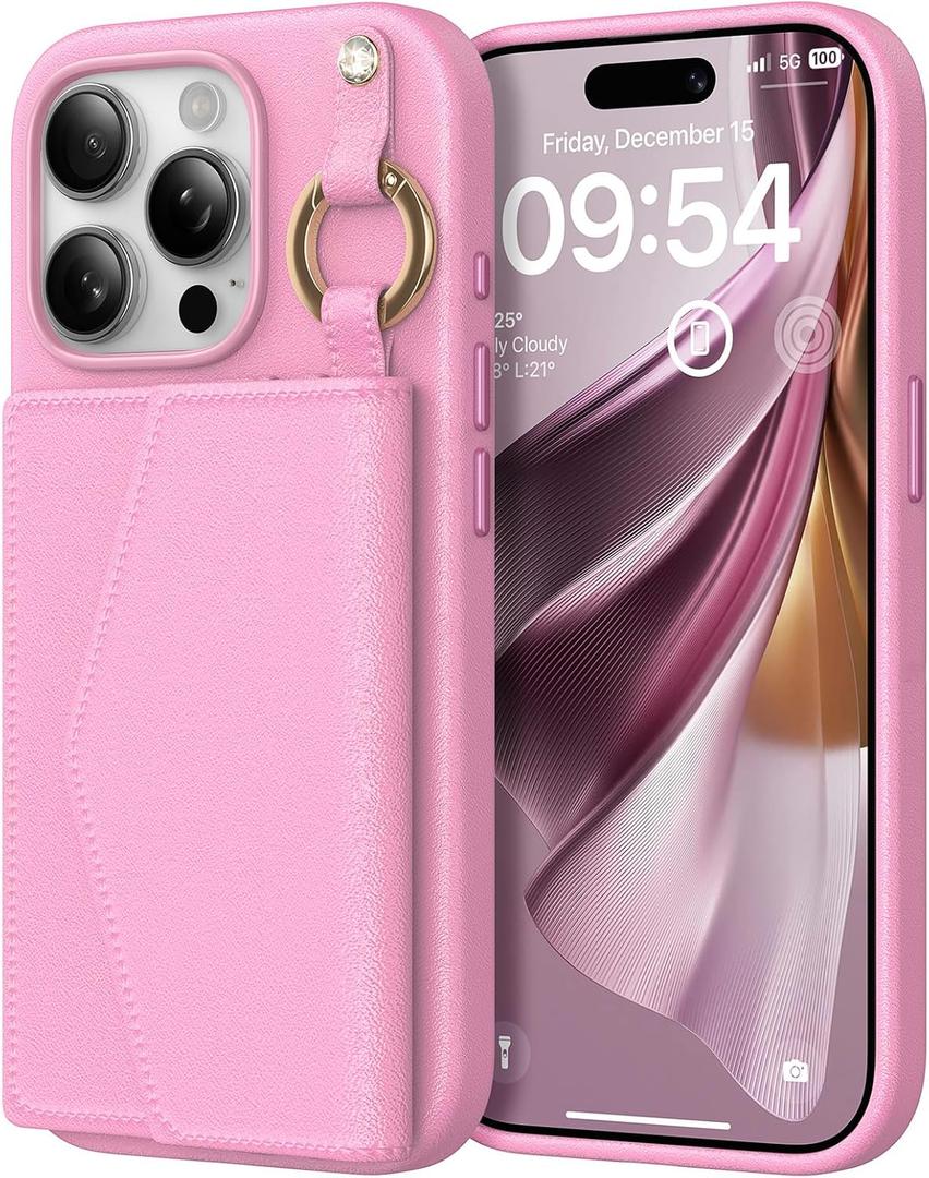 TAURI for iPhone 15 Pro Case, Removable Magnetic Wallet Case with Card Holder, [Compatible with MagSafe] Durable PU Leather Phone Case with Wireless Charging, Pink