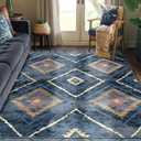 Area Rug 6'x9' Rug Machine Washable Non-Slip Low Pile Print Pattern Western Rug for Living Room Bedroom Entryway-Darkblue