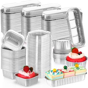Rtteri 150 Pcs Mini Cake Pans with Lids Disposable Ramekins 6.8 oz 5 oz Aluminum Foil Cupcake Baking Cups, Rectangle Square Round Cupcake Liners Cake Tins for Flan Muffin Dessert Party Favors(White)