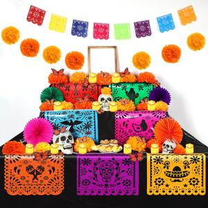 Newwiee 82 Pcs Day of the Dead Altar Kit Flameless LED Candle Paper Marigold Flower Fan Monarch Butterfly Papel Picado Banner Disposable Tablecloth for Dia De Los Muertos Altar Diwali(Cute Color)