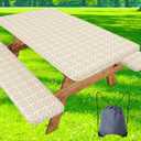 misaya Picnic Table Cover with Bench Cover, Waterproof Elastic Fitted Tablecloth for 5 Foot Tables, Rectangle Washable Polyester Tablecloths for Picnic, Camping, Outdoor (Khaki, 30" x 60")