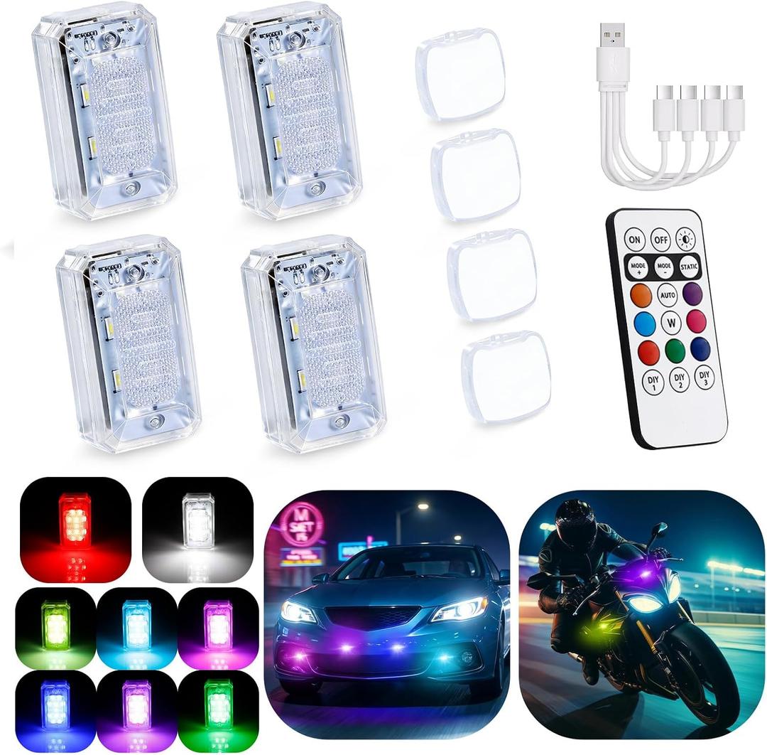 1797 Upgraded 11-LED Wireless Strobe Lights with Remote, Mini RGB Ambient Lighting for Car Exterior & Interior, USB-C 500 mAh Rechargeable Warning Flashing Light for Motorcycle RV Bike Scooter, 4PCS