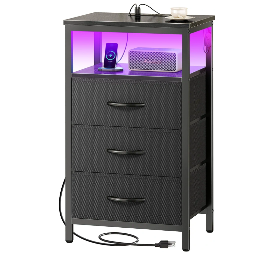 Huuger Night Stand with Charger Station and LED Lights, 3 Drawer Nightstand, Bed Side Table with Open Shelf, End Table, Tall Fabric Dresser for Bedroom, Black