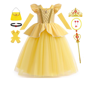Belle Costume for Girls Yellow Princess Dress up Halloween Birthday Party Cosplay Outfits with Accessories 4-5T