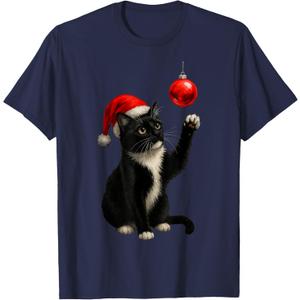 Funny Tuxedo Bauble Cat Santa Hat Red Xmas Christmas T-Shirt 2XL
