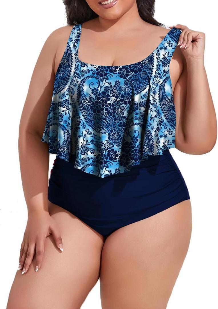 Mooncore Womens Plus Size Swimsuit High Waisted Tankini Bathing Suits Two Piece Flounce Bikini Swimsuit (Dark Blue), XL