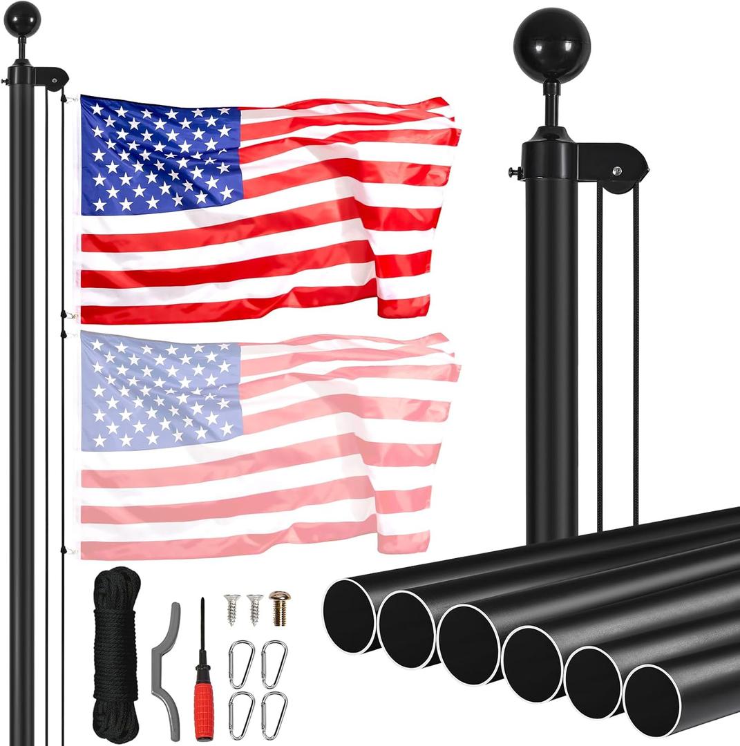 VEVOR 30 Feet Sectional Flagpole Kit, Heavy Duty Aluminum Alloy Flag Poles for Outside House in Ground, 3 Display Modes with 3x5 American Flag, Professional Accessories, Black