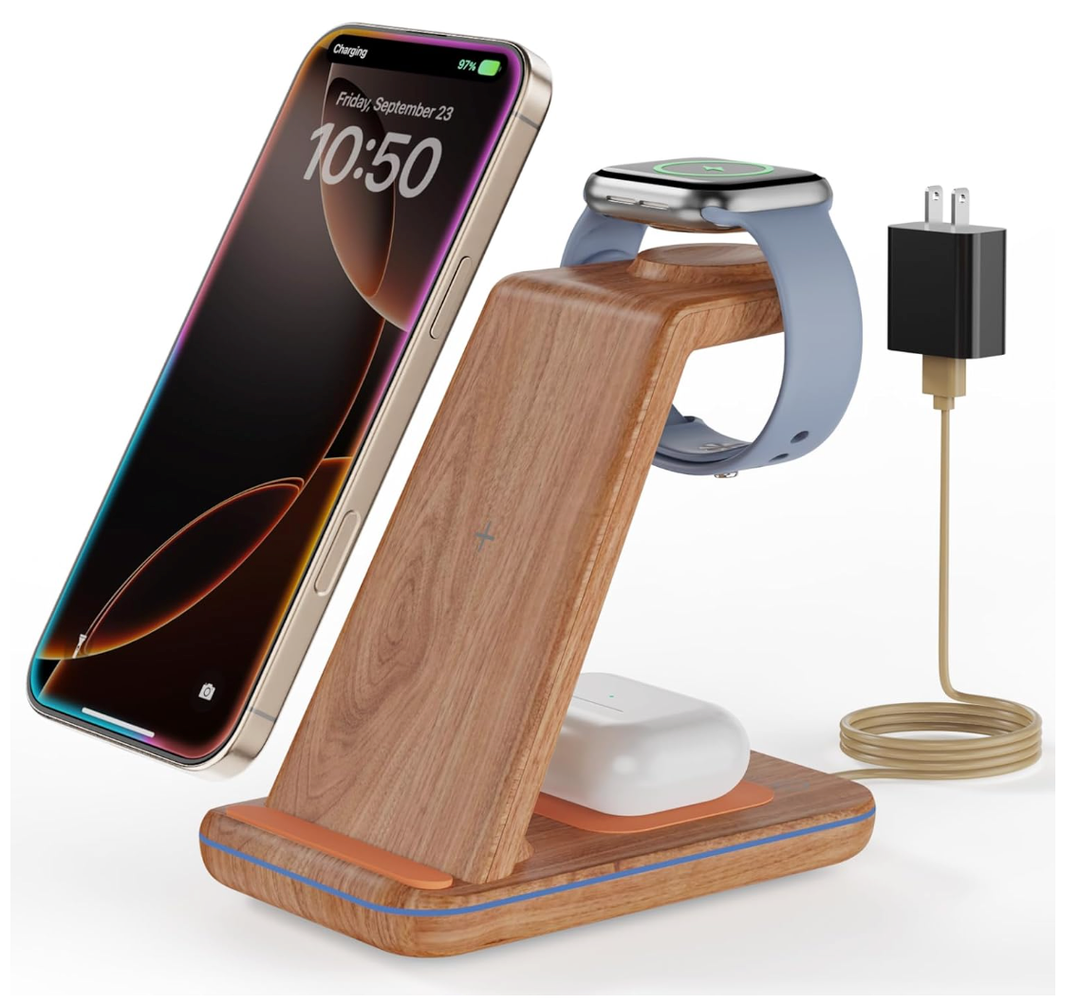 Wireless Charging Station, 3 in 1 Wireless Charger Stand for Multiple Apple Devices, Charging Dock for iPhone 16 15 14 13 12 11 Pro Max XS 8, Apple Watch 8 7 6 SE 5 4 3 2, 3/2/Pro, Wood