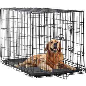FDW 48 Inch Dog Crate Dog Kennel Cage with Double Door Folding Metal Wire Dog Cage with Removable Tray&Divider Panel for Large Dogs,Black