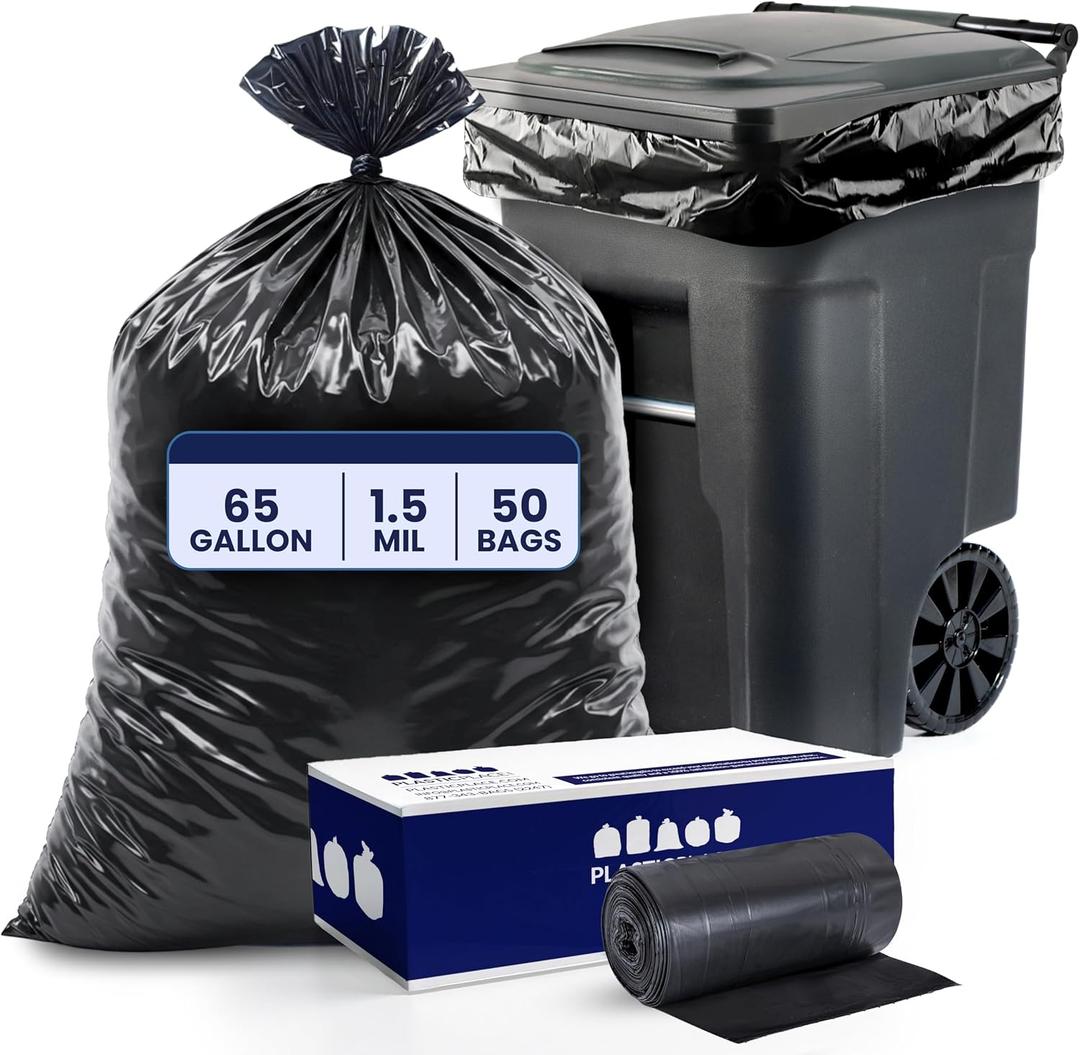Plasticplace 65 Gallon Trash Bags 1.5 Mil Black Heavy Duty Garbage Can Liners 50 x 48 (50 Count)