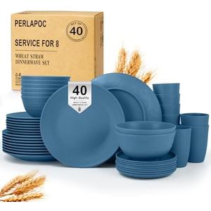 Perlapoc 40-Piece Wheat Straw Dinnerware Sets,Unbreakable Dishes Set for 8 - Drinking Cups, Plates and Bowls Sets, Reusable Microwave Safe Dinnerware Set for Home, Outdooor, RVs - Blue