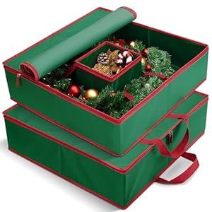 MaidMAX Christmas Wreath Storage Container 30 inch, Hard Shell Wreath Storage Bag with Inner Pocket, Sturdy Handles and Zippers, 600D Oxford Holiday Ornament Wreath Storage Box (Green, 2pcs)