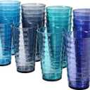 US Acrylic Splash [Set of 16] 18 ounce Plastic Stackable Water Tumblers in 4 Coastal Colors Value Set of Drinking Cups, Reusable, BPA-free, Made in the USA, Top-rack Dishwasher Safe