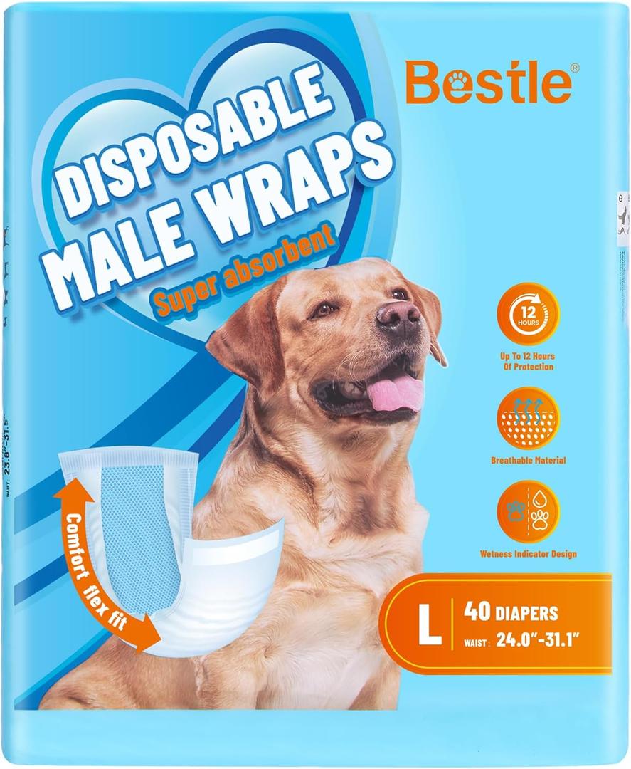 Bestle Male Dog Wrap, Disposable Dog Diapers, 40 Count, L (Waist 23.6-31.5), Wetness Indicator, Ultra Protection, Leak Proof, Super Absorbent, Soft