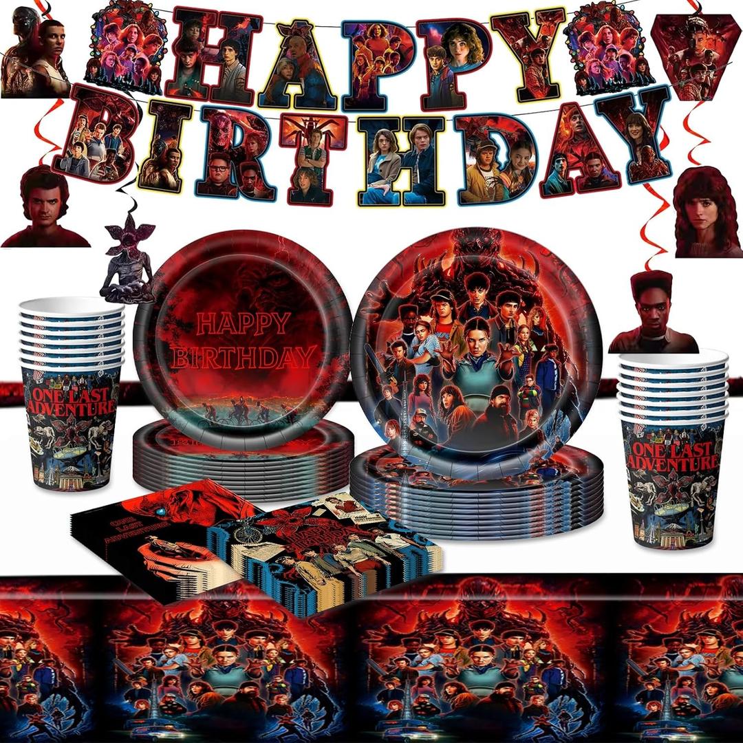 88PCS Birthday Party Full Supplies Kit：1 Banner + 6 Hanging Swirls + 20 (9-inch) Plates + 20 (7-inch) Plates + 20 Napkins + 20 Cups + 1 Tablecloth
