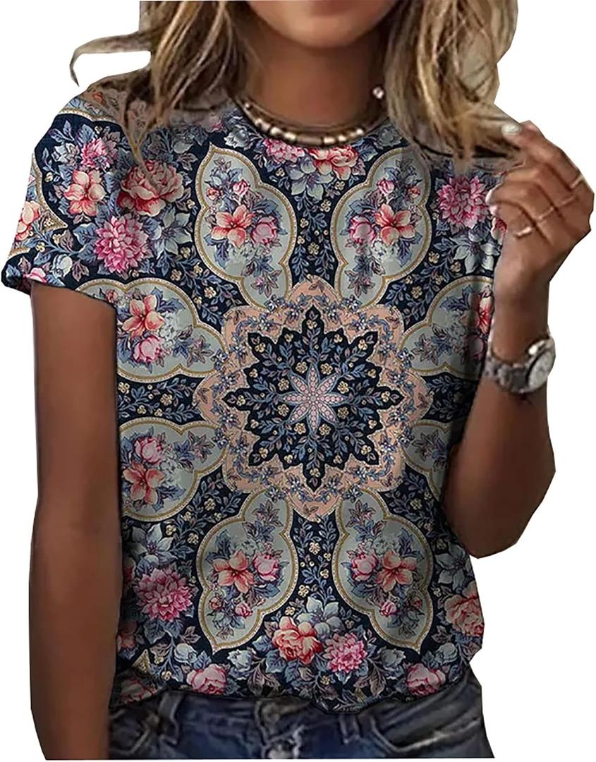 Mandala Shirt for Women Lotus Flower Graphic Tees Short Sleeve Casual Mandala T Shirts Tops (Small, Floral)