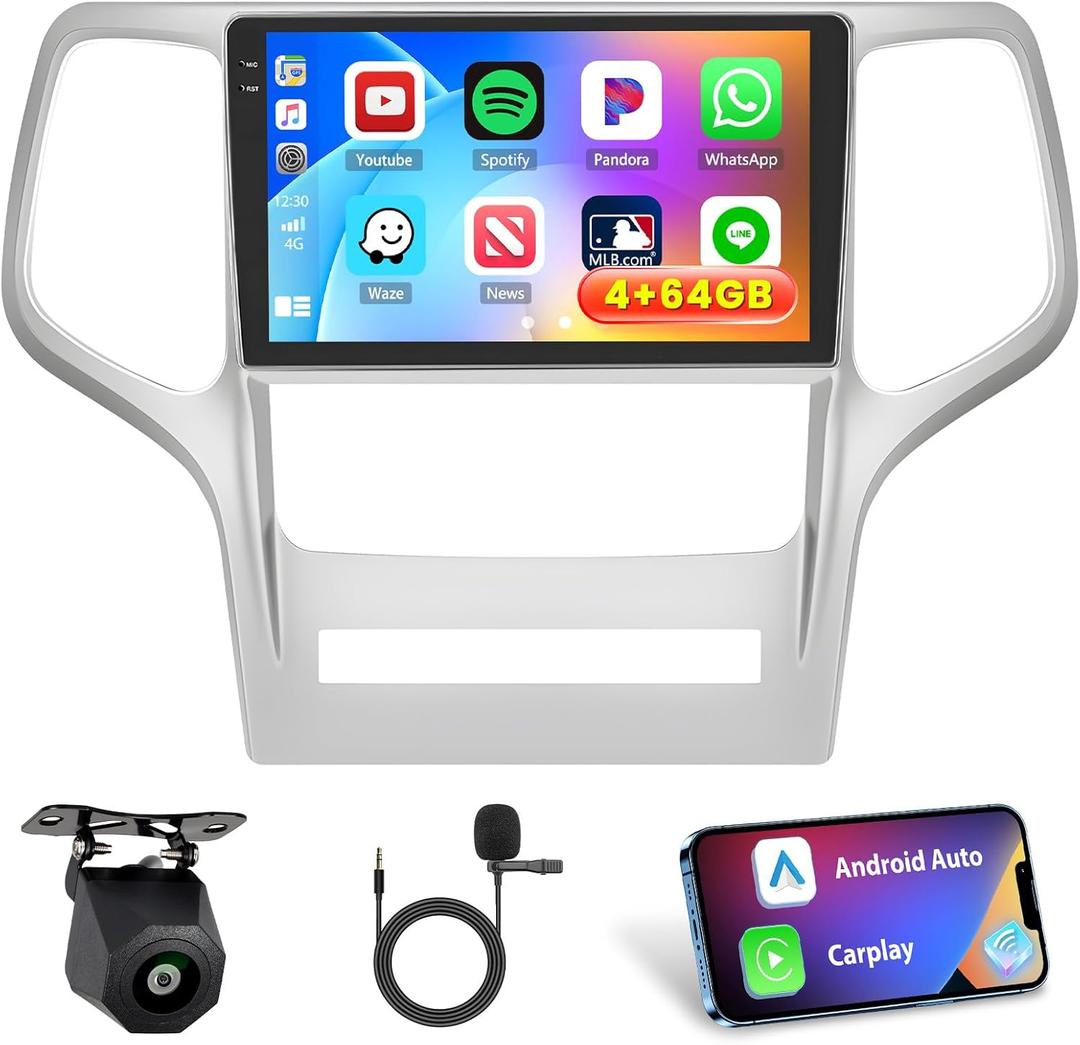 [4+64GB] Android 15 Car Radio for Jeep Grand Cherokee 2008-2013 with Wireless Carplay/Android Auto, 9 Inch HD Touchscreen Car Stereo with GPS WiFi Bluetooth FM/RDS EQ SWC Backup Camera MIC