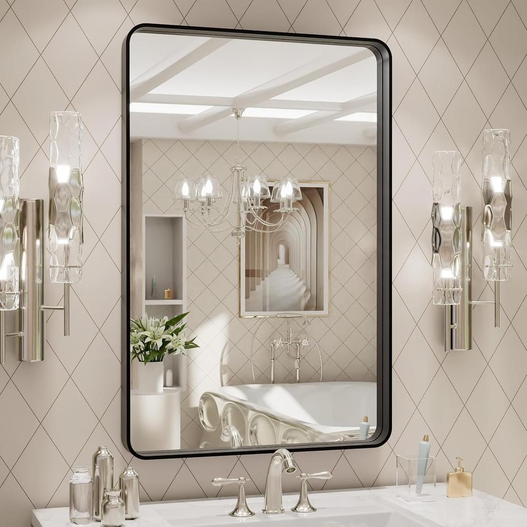 LOAAO 20X28 Inch Black Metal Framed Bathroom Mirror for Wall, Matte Black Bathroom Vanity Mirror Farmhouse, Anti-Rust, Hangs Horizontally or Vertically
