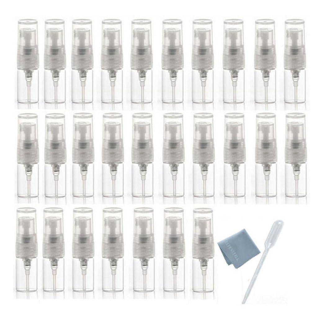 Elfenstall- 30pcs Mini Clear 2ml 5/8 Dram Atomizer Vial Glass bottle Spray Refillable Perfume Empty Sample Bottle Clean Cloth for Travel Party