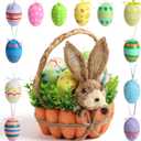 Easter Basket Decoration with Handle, Handmade Straw Bunnies, 12 Hanging Easter Eggs,Carrot Baskets for Easter Egg Candy Storage, Spring and Easter Home Table Decor, Mantle Centerpiece