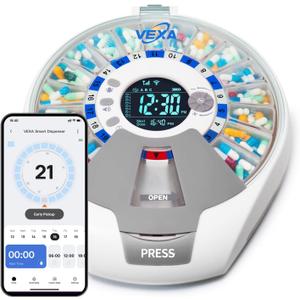VEXA VitaMate Pro 21 WiFi Smart Pill Dispenser with Exclusive Self-Developed App, Automatic Rotating & Rising Containers, Remote Caregiver Alerts, Sound/Light Reminders for Meds & Supplements