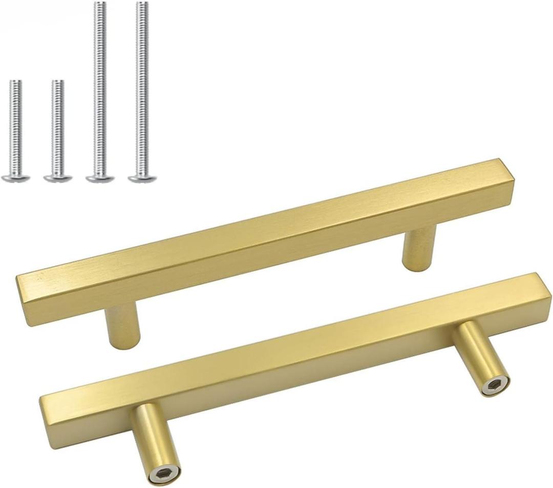 Goldenwarm 2 Pack Gold Cabinet Handles 4"(102mm) Brushed Brass Cabinet Pulls T Bar Drawer Pulls for Kitchen Cupboard & Drawer Hardware